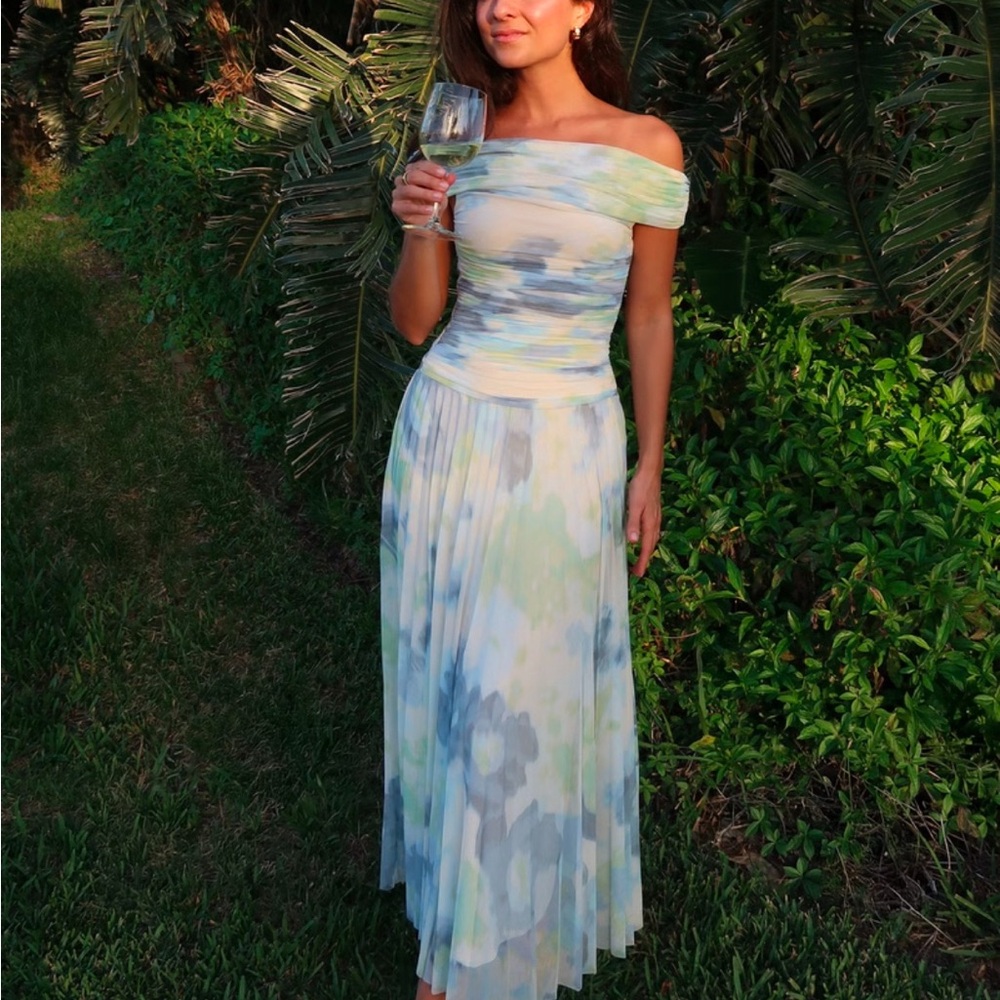 Abercrombie & Fitch Off-Shoulder Maxi Dress in Green and Blue